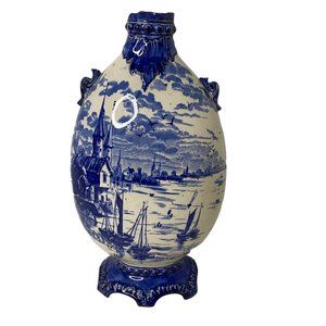 Antique Empire Works Stoke on Trent blue transferware ceramic vase harbor sailbo
